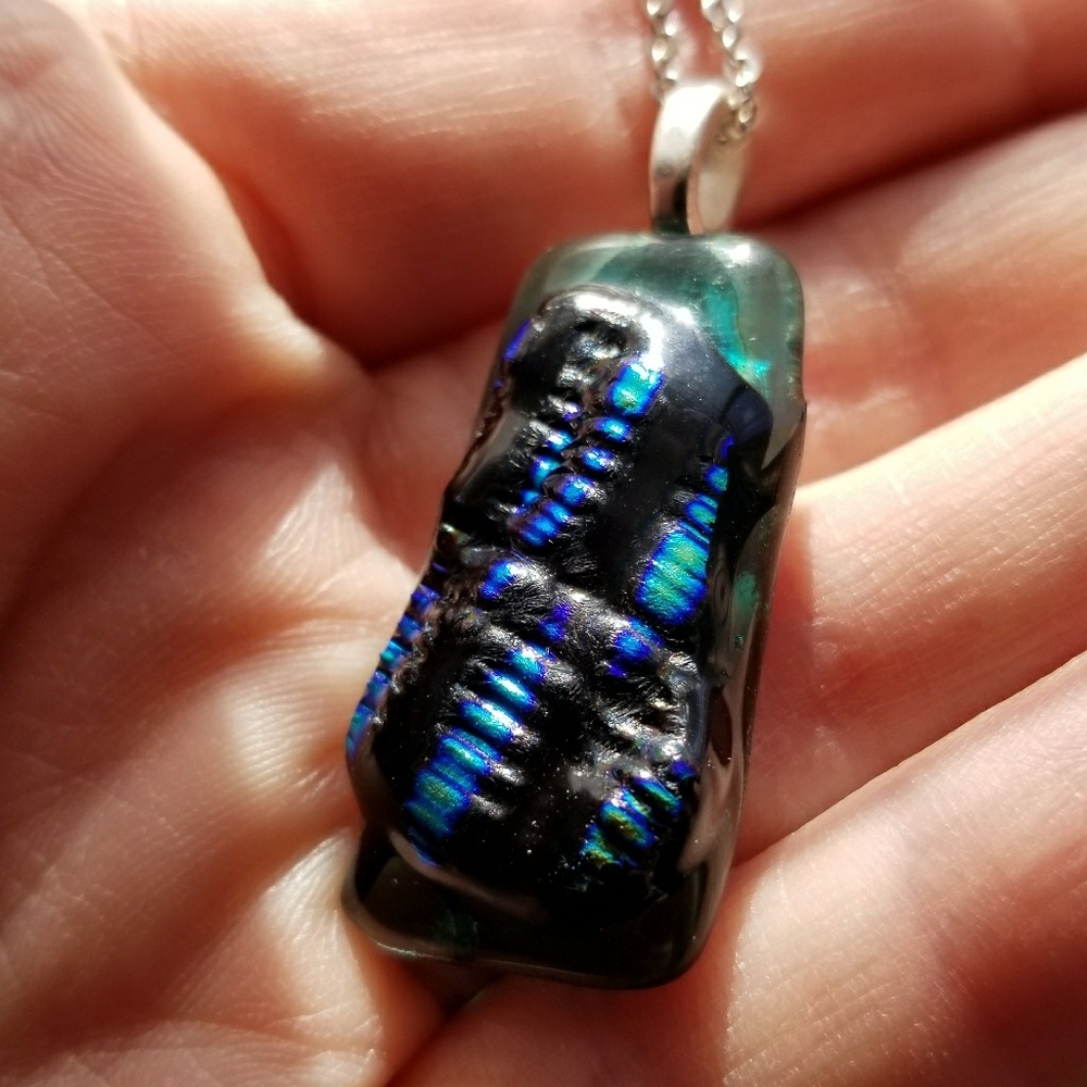Relisted- Dichroic Glass necklace black blue green silver - Picture 5 of 8